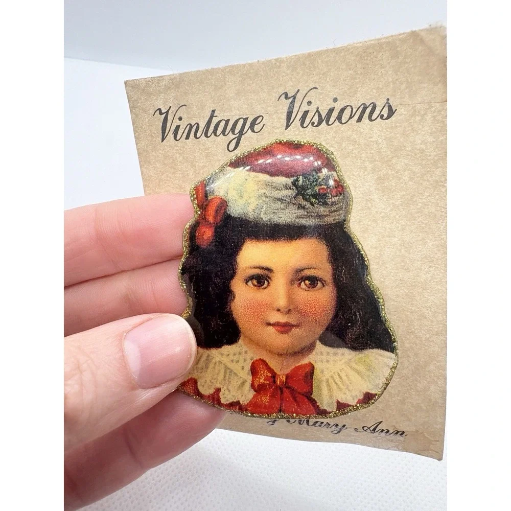 Vintage Visions Girl Christmas Brooch Pin Glitter Edge Signed Mary Ann Handmade